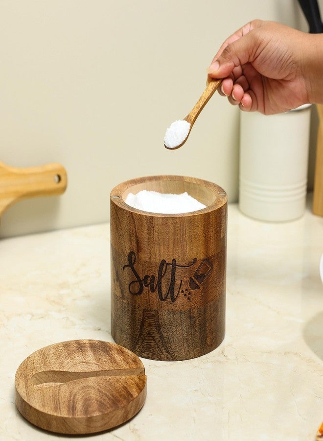 dudki Wooden Salt Box with Magnetic Lid with Attached Spoon on Top| 800 ML Round Salt Container| Bowl Pot Jar Salt Box | Mango Wood for Dinning Table| Kitchen Home - Image 3